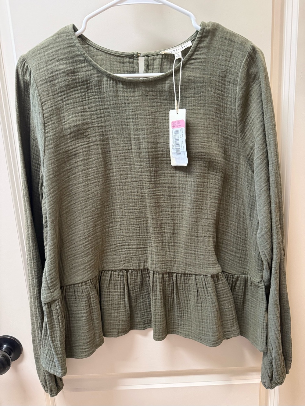 Copper Key Olive Green Ruffled Peplum Long-Sleeve Top JUNIORS